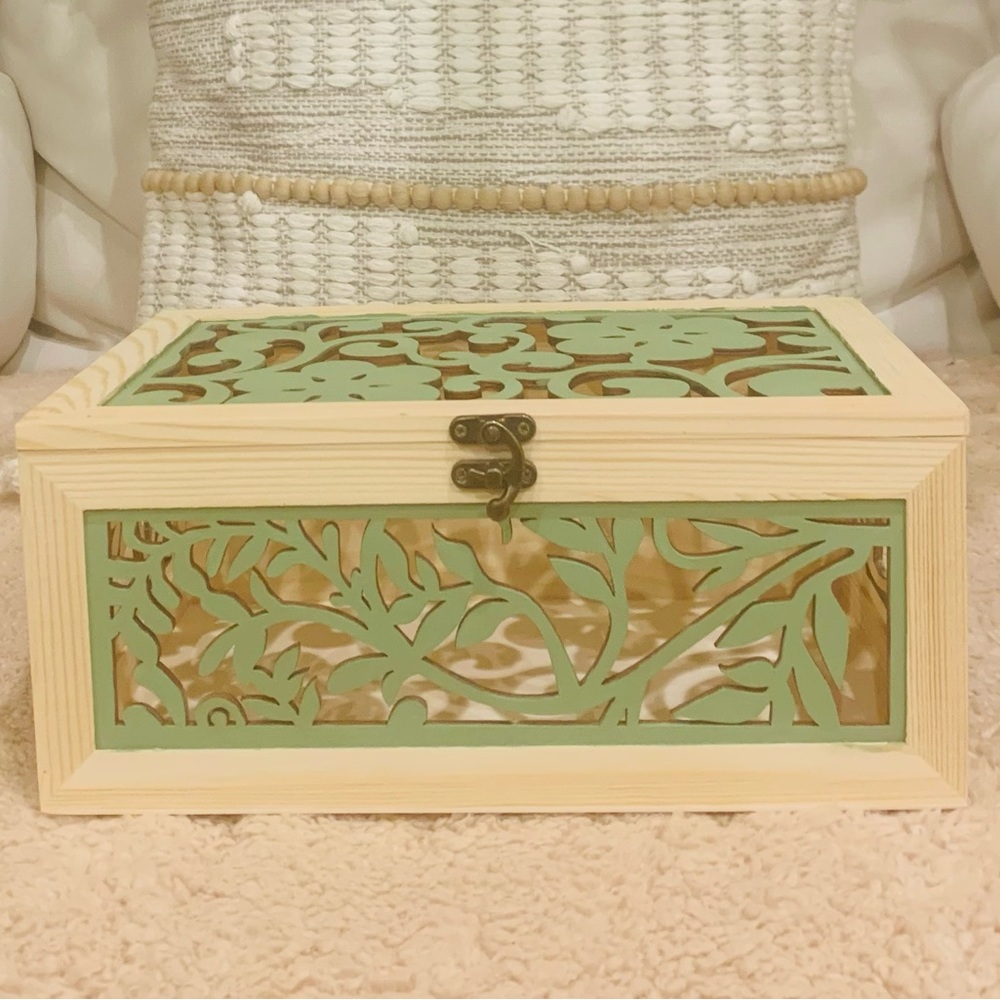 Hand Painted Sage Green Wooden Carved Box, Storage Bin, Craft Organizer, 12x8x5